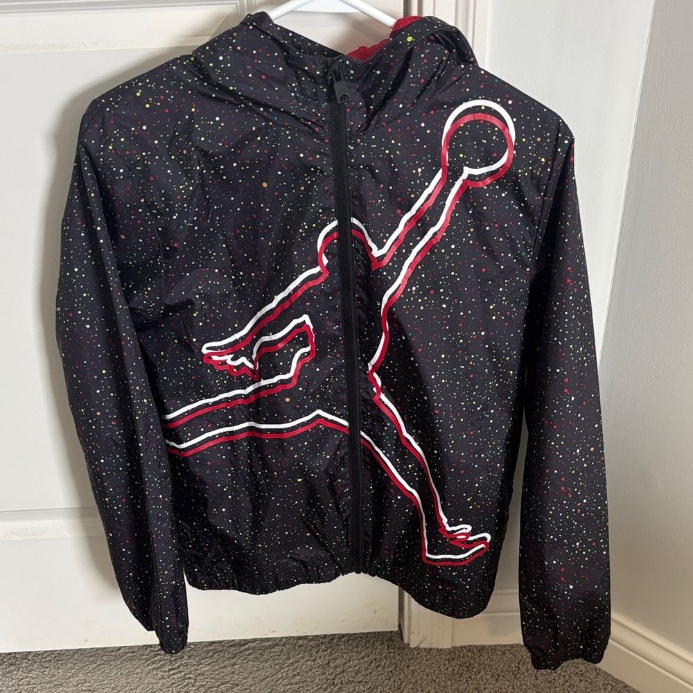 Stylish Black Jordan Hooded Rain Jacket with Colorful Speckles